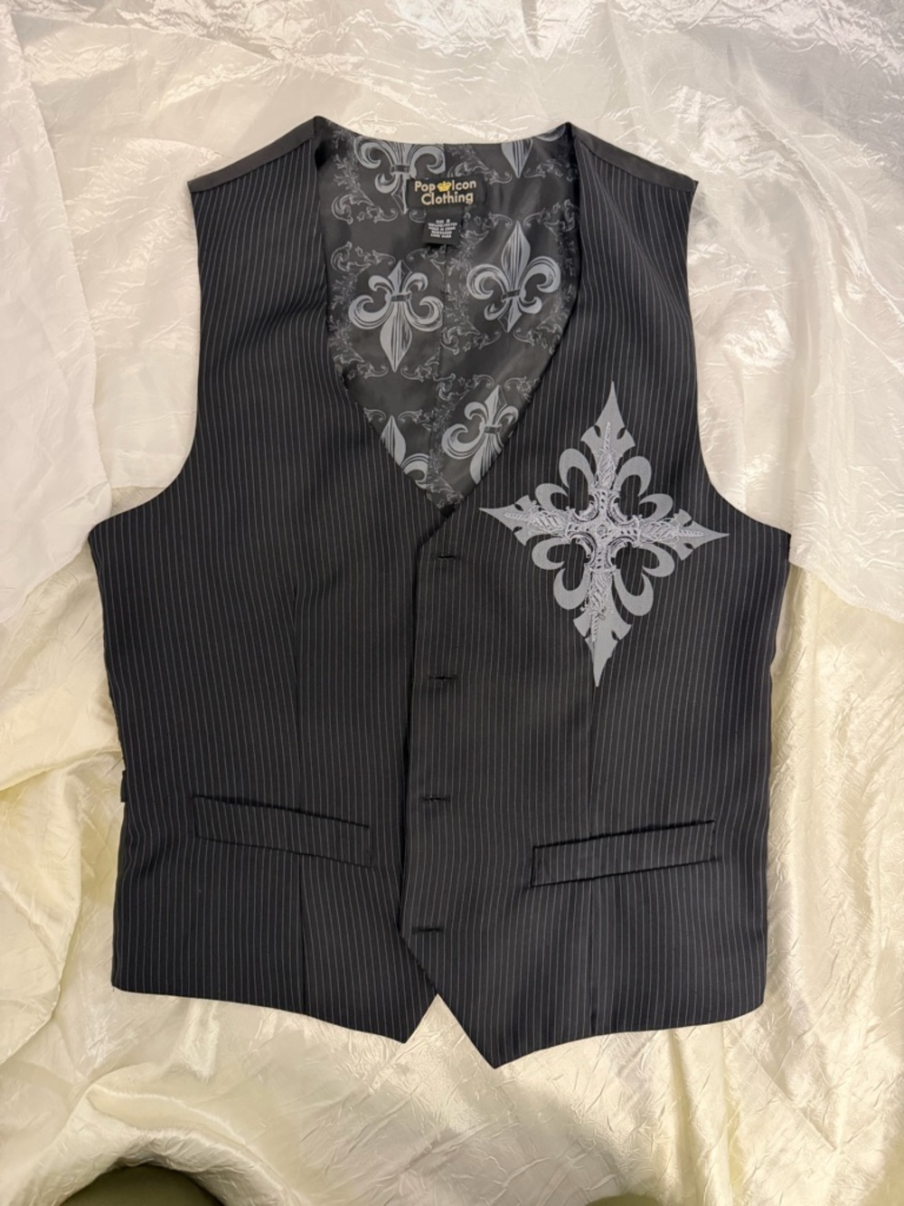 POP ICON CLOTHING Black Pinstripe Vest with Gray Fleur-de-Lis Accent